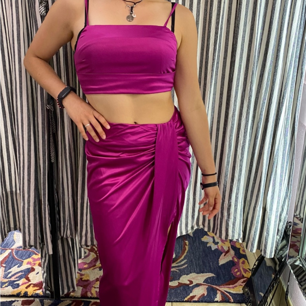 Mable party prom event skirt crop top set satin pink fuchsia magenta   XS‎ S M